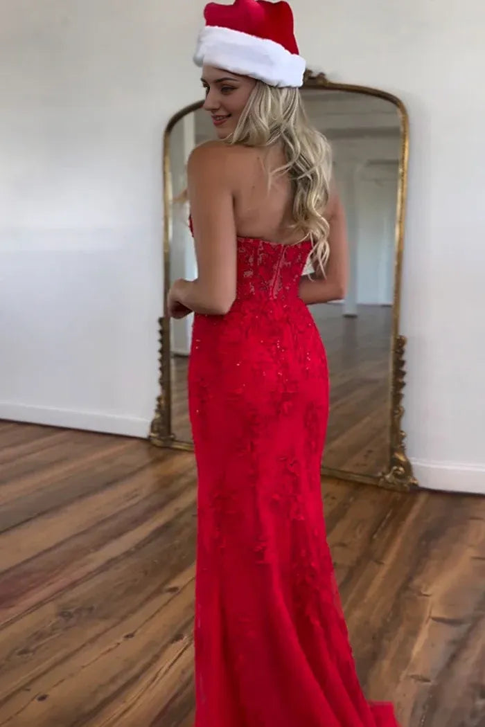 Weitese Dress Red Sleevelsss Mermaid Deep V-Neck Lace Prom Dress With Appliques Split